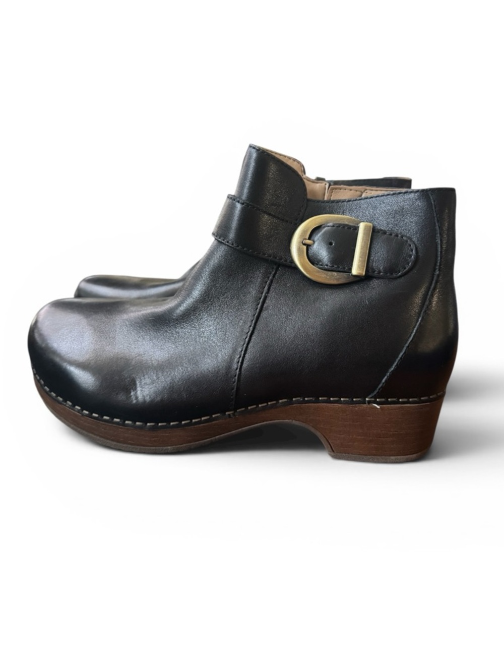 Dansko Black Leather Ankle Boot with Brass Zipper Pull